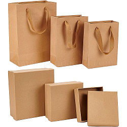 Benecreat 6шт 6 прямоугольный пакет из крафт-бумаги с ручкой, ювелирные изделия упаковка, с квадратными бумажными подарочными коробками, бессмертная цветочная коробка, упаковка сувениров на свадьбу, деревесиные, бумажный пакет: 3 шт., коробка: 3 шт.