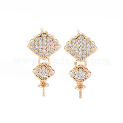 Brass Micro Pave Clear Cubic Zirconia Stud Earring Findings, for Half Drilled Beads, Nickel Free, Rhombus, Real 18K Gold Plated, 21x10.5mm, Pin: 0.6mm, pin: 0.7mm(for half drilled beads)