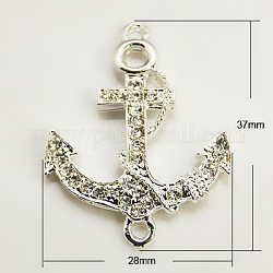 Alloy Rhinestone Links connectors, Cadmium Free & Lead Free, Grade A, Anchor, Silver Metal Color, Crystal, 37x28x4mm, Hole: 2mm