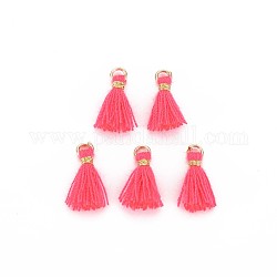 Polycotton(Polyester Cotton) Tassel Pendant Decorations, Mini Tassel, with Iron Findings and Metallic Cord, Light Gold, Hot Pink, 10~15x2~3mm, Hole: 1.5mm