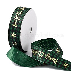 Cintas de grogrén de poliéster con estampado de feliz Navidad de 20 yarda, Estampado en caliente de cintas de tartán planas, verde oscuro, 1 pulgada (25 mm), alrededor de 20.00 yarda (18.29 m) / rollo