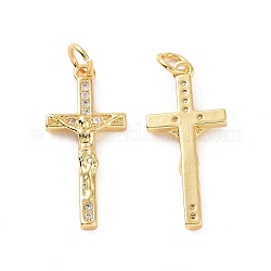 Rack Plating Brass Micro Pave Cubic Zirconia Pendants, with Jump Ring, Long-Lasting Plated,  Cadmium Free & Lead Free, Religion Crucifix Cross Charm, Real 18K Gold Plated, 24x11x3mm, Hole: 3mm