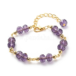Rondelle de verre et bracelet en perles de laiton pour femme, violet, 6-1/2 pouce (16.4 cm)
