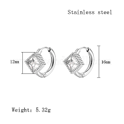 Cubic Zirconia Hoop Earrings, 304 Stainless Steel Earrings, Rhombus, 16x12mm
