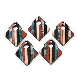 Transparent Resin & Walnut Wood Pendants, Rhombus Charms, Colorful, 35x28x3mm, Hole: 2mm