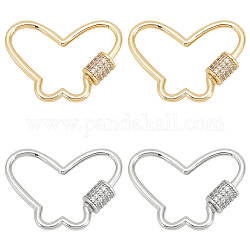 WADORN 4Pcs 2 Colors Butterfly Brass Micro Pave Clear Cubic Zirconia Screw Carabiner Lock Charms, for Necklaces Making, Platinum & Golden, 21.5x29.5x1.5~5mm, 2pcs/color
