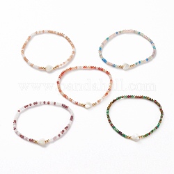 Bracelets extensibles en perles de verre rondelles à facettes, avec des perles coeur en coquillage naturel et des perles rondes en laiton, couleur mixte, diamètre intérieur: 2-1/4 pouce (5.8 cm)