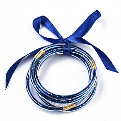 PVC Plastic Buddhist Bangle Sets, Jelly Bangles, with Paillette and Polyester Ribbon, Blue, 2-1/2 inch(6.5cm), 5pcs/set