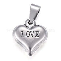 Valentine's Day 201 Stainless Steel Charms, Heart with Word Love, Stainless Steel Color, 13x11.5x4mm, Hole: 4.5x3mm