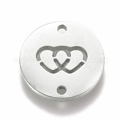 304 Verbindungsstecker aus Edelstahl, flach rund mit Doppel-Herz, zum Valentinstag, Edelstahl Farbe, 12x1 mm, Bohrung: 1.2 mm