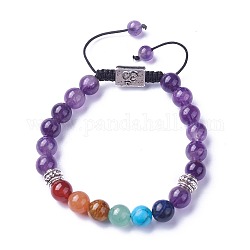 Chakra Jewelry, Natural & Synthetic Mixed Stone Braided Bead Bracelets, with Natural Amethyst, Alloy Findings and Nylon Cord, Rectangle with Om Symbol, 2 inch~3 inch(5.2~7.6cm)