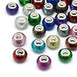 Harz europäischen Perlen, Großloch perlen, mit versilberten Messingkernen, facettiert, Rondell, Großloch perlen, Mischfarbe, 13.5~14.5x9 mm, Bohrung: 5 mm
