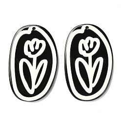 Opaque Acrylic Pendants, Black & White, Oval with Flower, Black, 40.5x26x3mm, Hole: 1.5mm