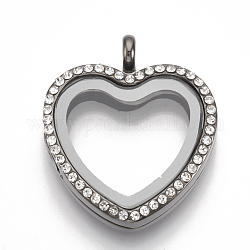 Alliage pendentifs médaillon magnétiques, avec strass et de verre, cœur, cristal, gunmetal, 35x30x8mm, Trou: 4mm, mesure intérieure: 20x22 mm
