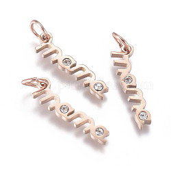 316 Surgical Stainless Steel Pendants, with Micro Pave Cubic Zirconia and Jump Ring, Long-Lasting Plated, Word Mama, for Mother's Day, Clear, Real Rose Gold Plated, 17x4.5x1.5mm, Hole: 3.5mm
