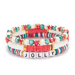 3 pièces 3 bracelets extensibles en argile polymère de style surfeur heishi sertis de mots jolly perles acryliques, bracelets empilables avec verre pour femme, couleur mixte, diamètre intérieur: 2-1/8 pouce (5.5 cm), 1pc / style