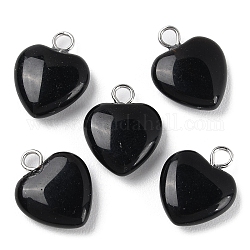 Pendentifs en obsidienne naturelle, breloques coeur avec boucles en laiton plaqué platine, 14.8~15x12x4.1~4.6mm, Trou: 2mm