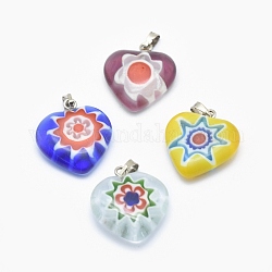 Perles en verre de millefiori manuelles, conception de fleur unique, avec les accessoires en laiton, cœur, platine, couleur mixte, 20x17~18x5~7mm, Trou: 2x5mm