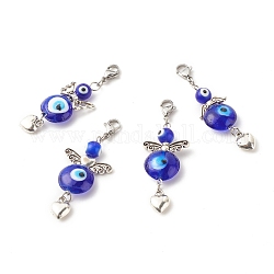 Ali & cuore pendente in lega in stile tibetano decora, con perline a lume di malocchio e 304 fermaglio a moschettone in acciaio inossidabile, blu medio, 57mm