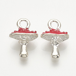 Alloy Enamel Pendants, Mushroom, Silver Color Plated, Red, 15.5x11x6mm, Hole: 2mm