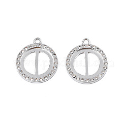 304 Stainless Steel Pendants, with Crystal Rhinestone, Ring, Stainless Steel Color, 19.5x17x2mm, Hole: 1.6mm