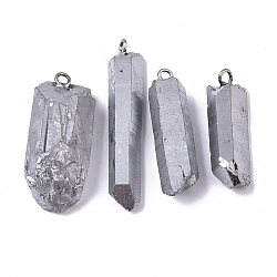 Placage sous vide pendentifs en cristal de quartz naturel, avec boucle en laiton, forme de bande, couleur d'argent, 24~36x7~16x6~11mm, Trou: 1.8mm