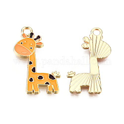 Pendentifs d'émail en alliage, or clair, girafe, orange, 27x12x2mm, Trou: 2mm