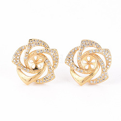 Brass Micro Pave Clear Cubic Zirconia Stud Earrings Findings, for Half Drilled Bead, Nickel Free, Flower, Real 18K Gold Plated, 15.5x16mm, Pin: 0.8mm, Pin: 0.8mm(for Half Drilled Bead)