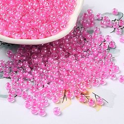 Perles de rocaille en verre, Couleurs intérieures lustre, ronde, rose chaud, 4x3mm, Trou: 1.4mm, environ 7650 pcs / livre
