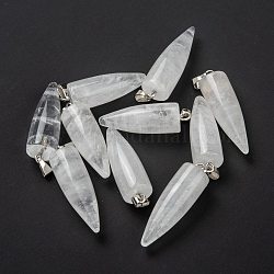 Pendentifs de cristal de quartz naturel, pendentifs en cristal de roche, avec les accessoires en laiton de platine, balle, 32~35x10~11mm, Trou: 7mm