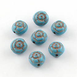 Flache runde geschnitzte Blume antike Acryl Perlen, Kadettenblau, 10x8 mm, Bohrung: 1.5 mm, ca. 1080 Stk. / 500 g