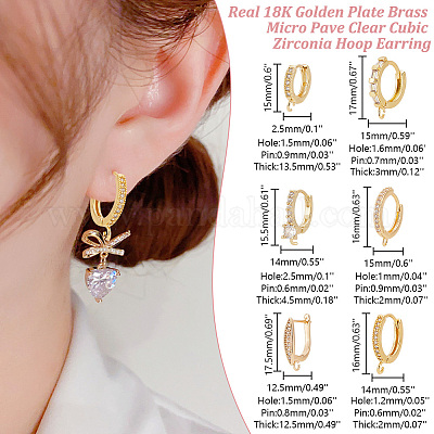 12 шт. 6 стиля латунных сережек-колец с микропаве из прозрачного кубического циркония ZIRC-AR0001-29-1