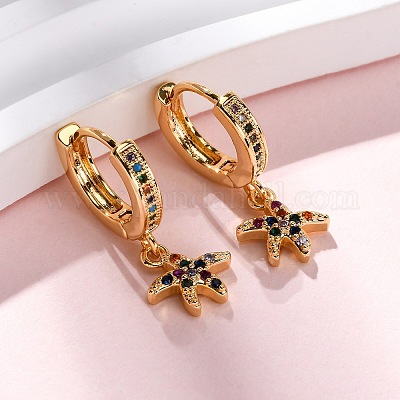 Серьги-кольца из латуни с микропаве из кубических цирконий в форме морских звезд EJEW-F384-14G-02-1