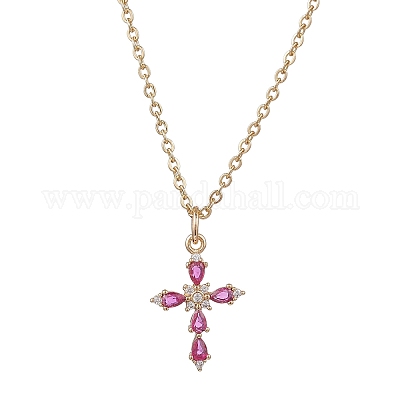 Женские ожерелья-цепочки с подвеской-крестиком из латуни и стекла 304 из нержавеющей стали NJEW-JN05545-1