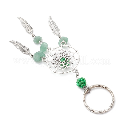 Брелки из плетеной сетки/паутины с перьевым сплавом и смешанными драгоценными камнями и стеклянными семенами KEYC-MZ00041-1
