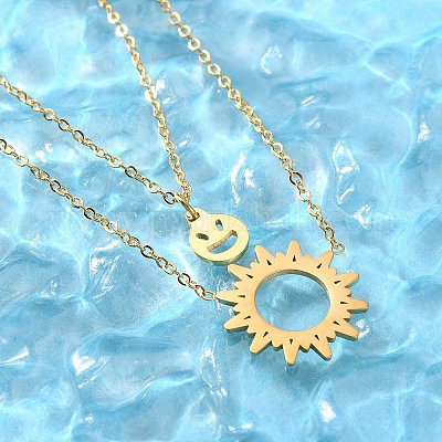 Двухслойные ожерелья из нержавеющей стали 304 с подвеской в виде солнца и улыбающегося лица для женщин NJEW-A045-14G-1