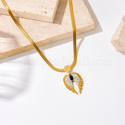 Ожерелье с подвеской в виде крыльев из горного хрусталя и цепочками с рисунком «елочка» из нержавеющей стали 304 NJEW-C022-02G-1