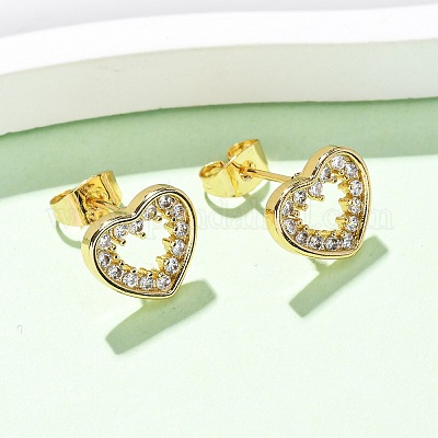Серьги-гвоздики в форме сердца из латуни с прозрачным фианитом и прозрачным фианитом EJEW-K267-29G-1