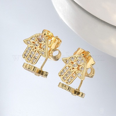 Серьги-гвоздики из латуни с микропаве из прозрачного кубического циркония в стиле хамса EJEW-D305-03G-1