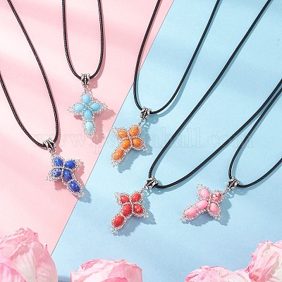 Окрашенная синтетическая императорская яшма с подвеской-крестом из стеклянных бусин NJEW-MZ00138-1