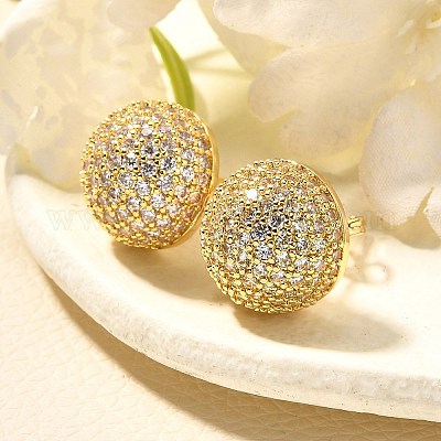 Полукруглые серьги-гвоздики из латуни с микропаве из прозрачных кубических цирконий EJEW-C126-05G-1