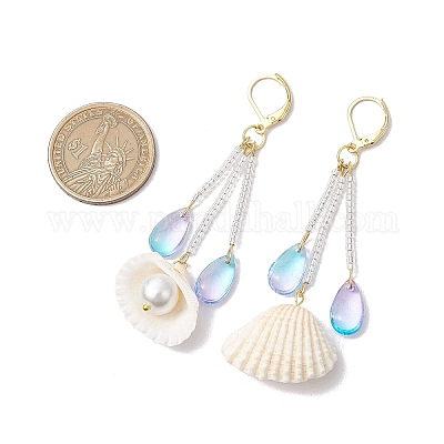 Серьги-кольца из стекла и натуральных ракушек EJEW-MZ00385-1