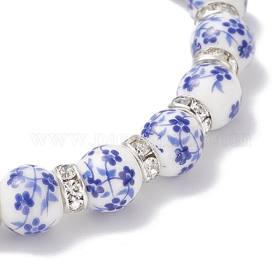 Эластичные браслеты из фарфоровых керамических бусин с цветочным принтом для женщин BJEW-JB12375-01-1