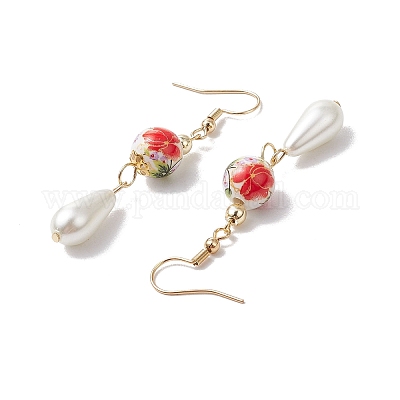 Круглые с цветочным узором фарфоровые керамические серьги-подвески EJEW-JE06347-02-1