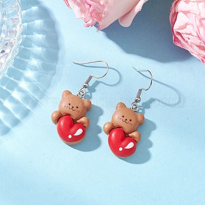 Серьги-подвески из непрозрачной смолы в форме медведя с сердцем EJEW-JE06436-1