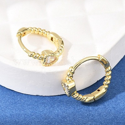 Серьги-кольца из латуни с микропаве и прозрачным кубическим цирконием в форме сердца&nbsp;EJEW-D348-26G-1