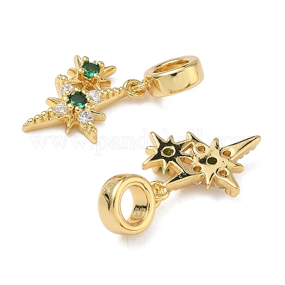 Европейские подвески-шармы с двумя звездами из латуни с микропаве из зеленого и прозрачного кубического циркония KK-L257-27G-1
