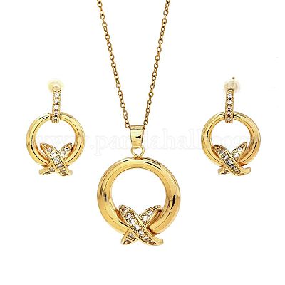 Комплекты из латунных подвесок и серег-гвоздиков с микропаве из прозрачных кубических цирконий для женщин LE1228-1-1