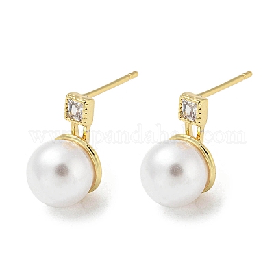 Серьги-гвоздики из латуни с микропаве и кубическим цирконием EJEW-F331-04G-1