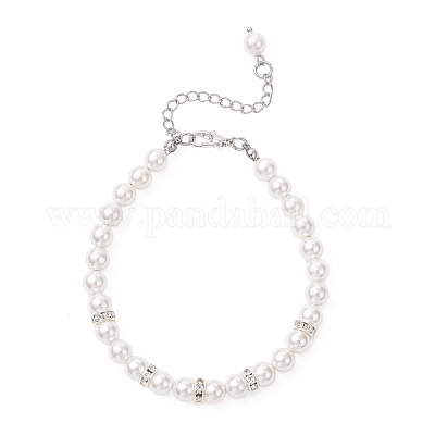 Женский браслет из круглых бусин с ракушками и латунными стразами BJEW-JB12871-1